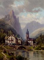 Charles Euphrasie Kuwasseg, Jr - An Agler Before An Alpine Riverside Town